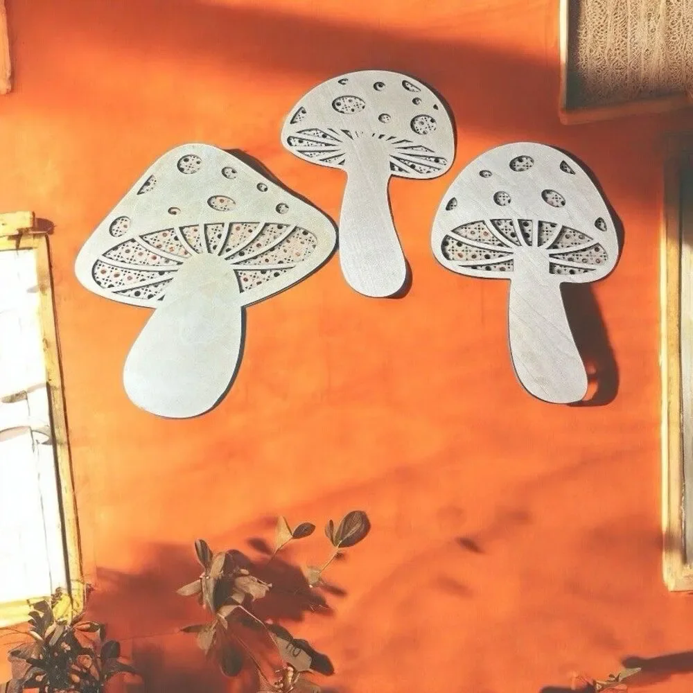 Mushroom Bundle (3) Wall Hanging Art Rattan Style Vintage Retro Natural Wood